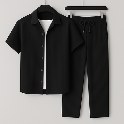 Men's Short Sleeve Shirt and Trouser Set with Drawstring Waist and Open Collar