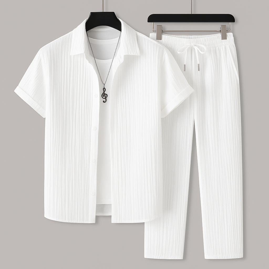 Men's Short Sleeve Shirt and Trouser Set with Drawstring Waist and Open Collar