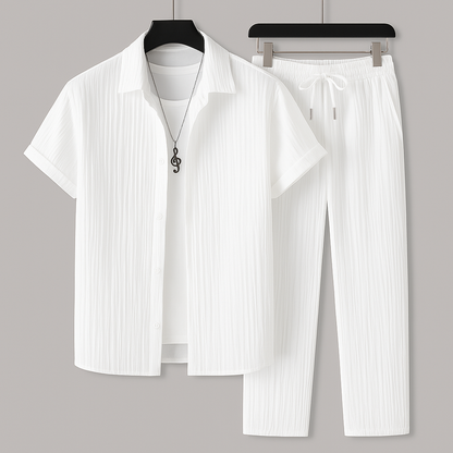 Men's Short Sleeve Shirt and Trouser Set with Drawstring Waist and Open Collar
