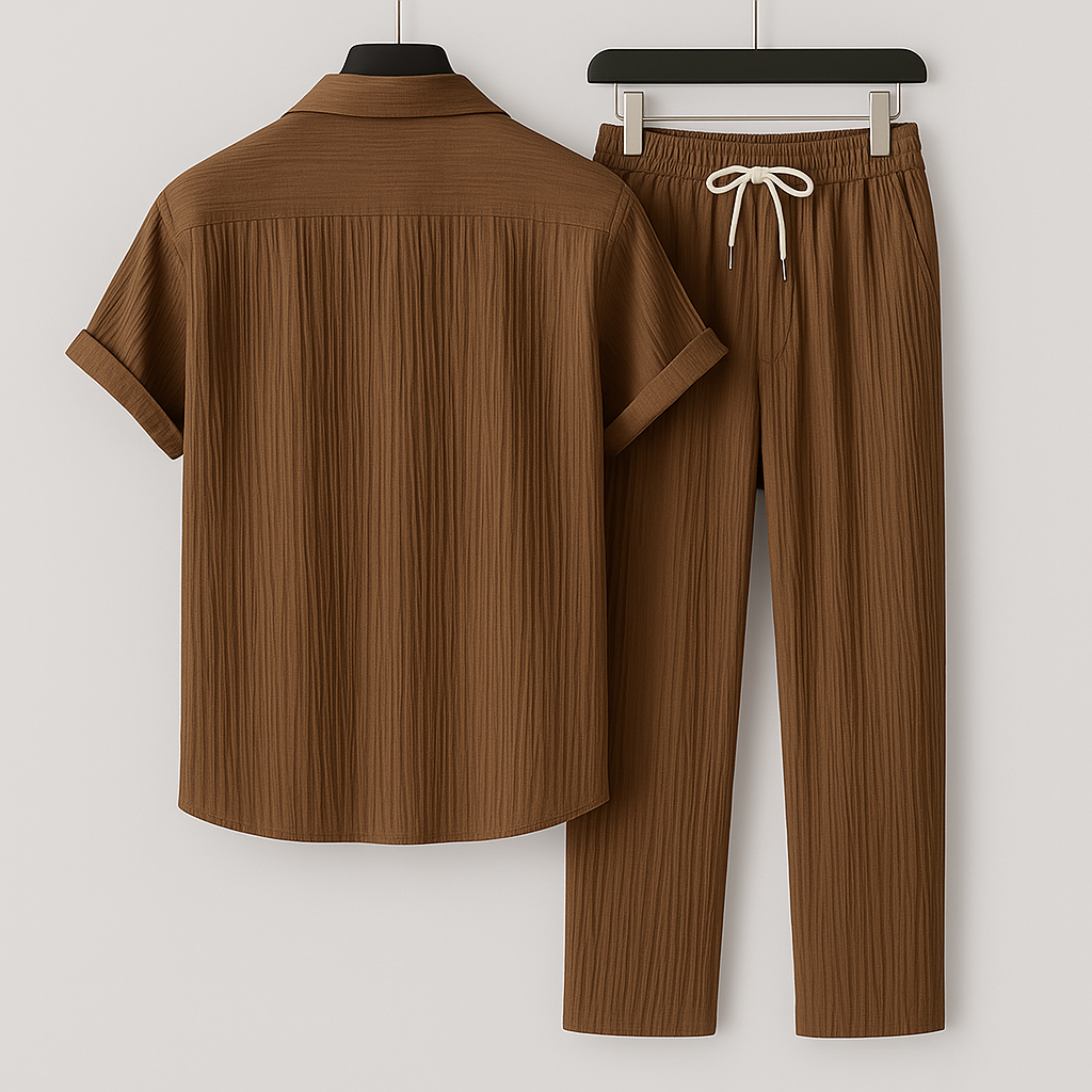 Men's Short Sleeve Shirt and Trouser Set with Drawstring Waist and Open Collar