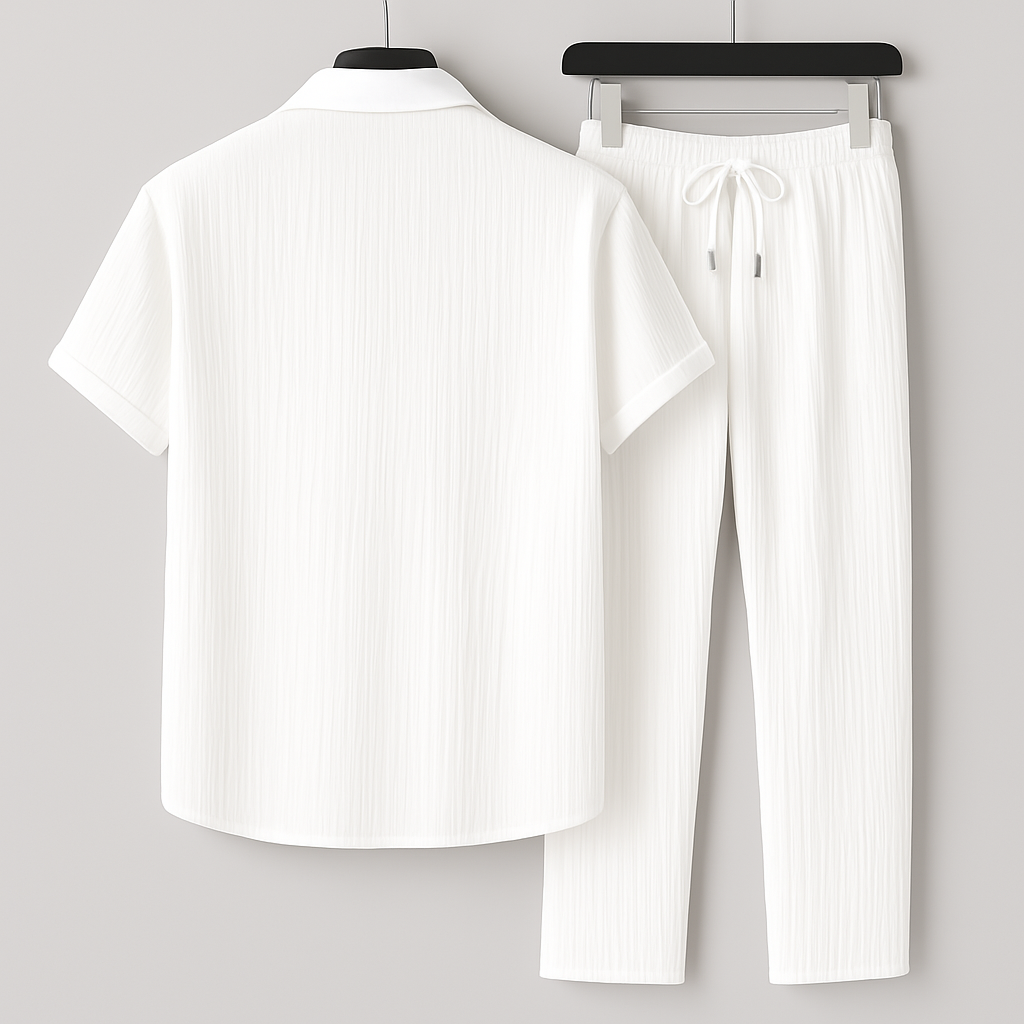 Men's Short Sleeve Shirt and Trouser Set with Drawstring Waist and Open Collar