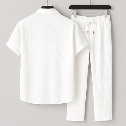 Men's Short Sleeve Shirt and Trouser Set with Drawstring Waist and Open Collar