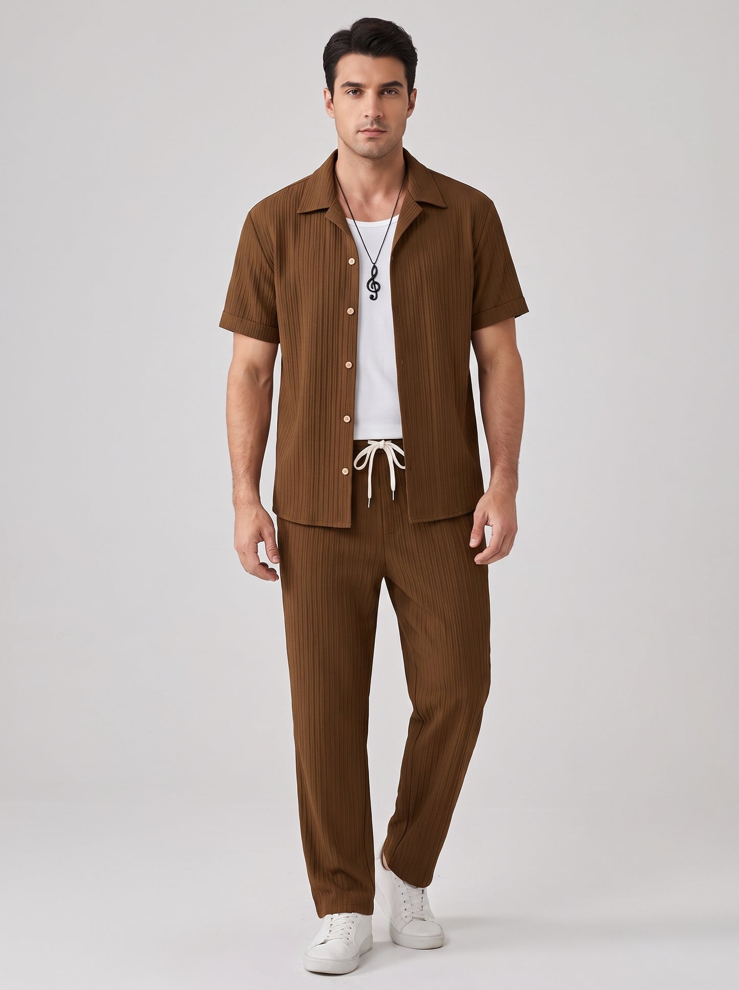 Men's Short Sleeve Shirt and Trousers Clothing Set with Drawstring Waist