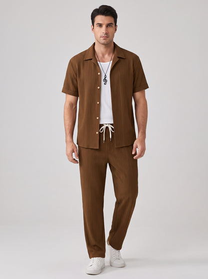 Men's Short Sleeve Shirt and Trousers Clothing Set with Drawstring Waist