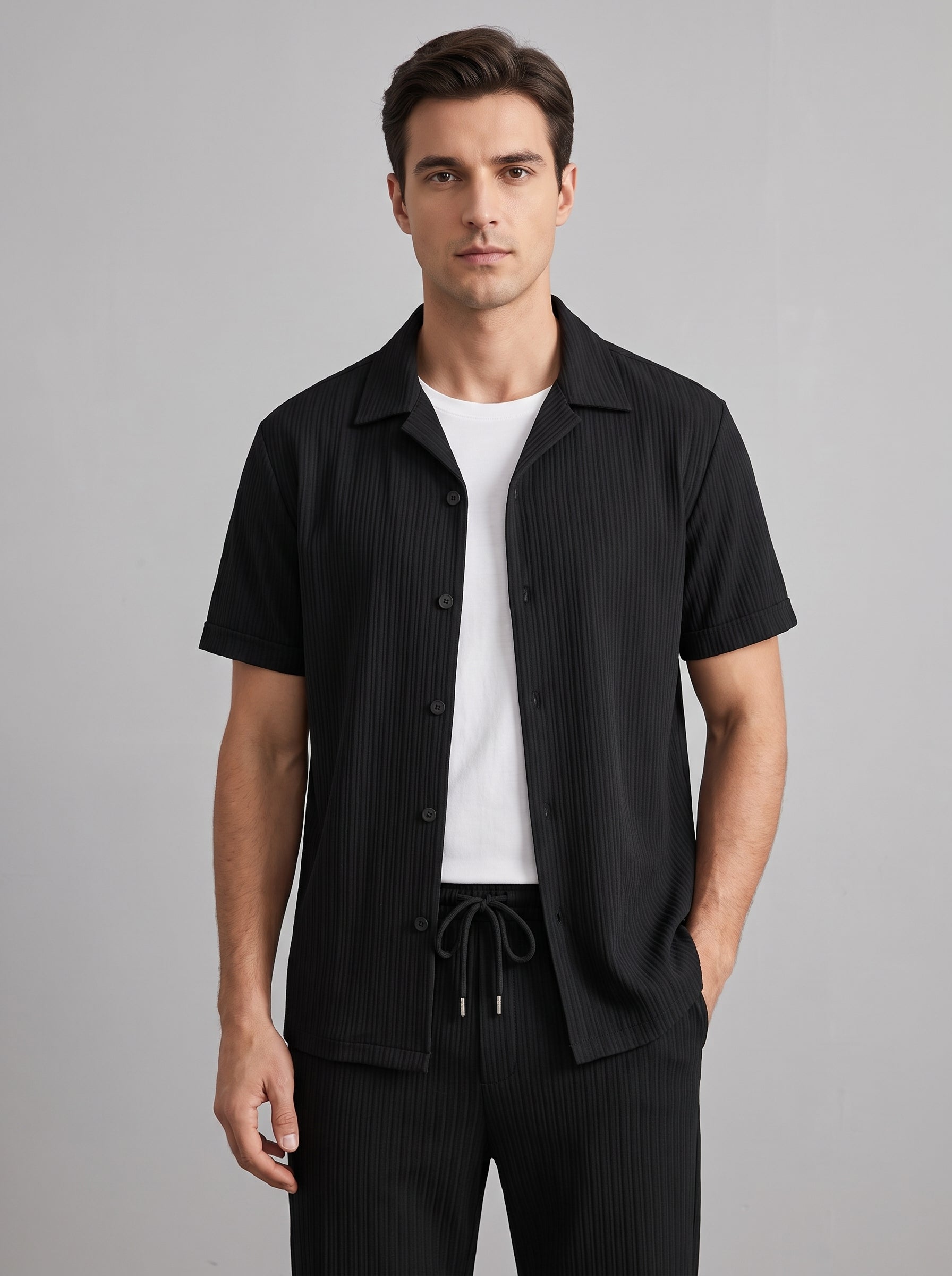 Men's Short Sleeve Shirt and Trousers Clothing Set with Drawstring Waist