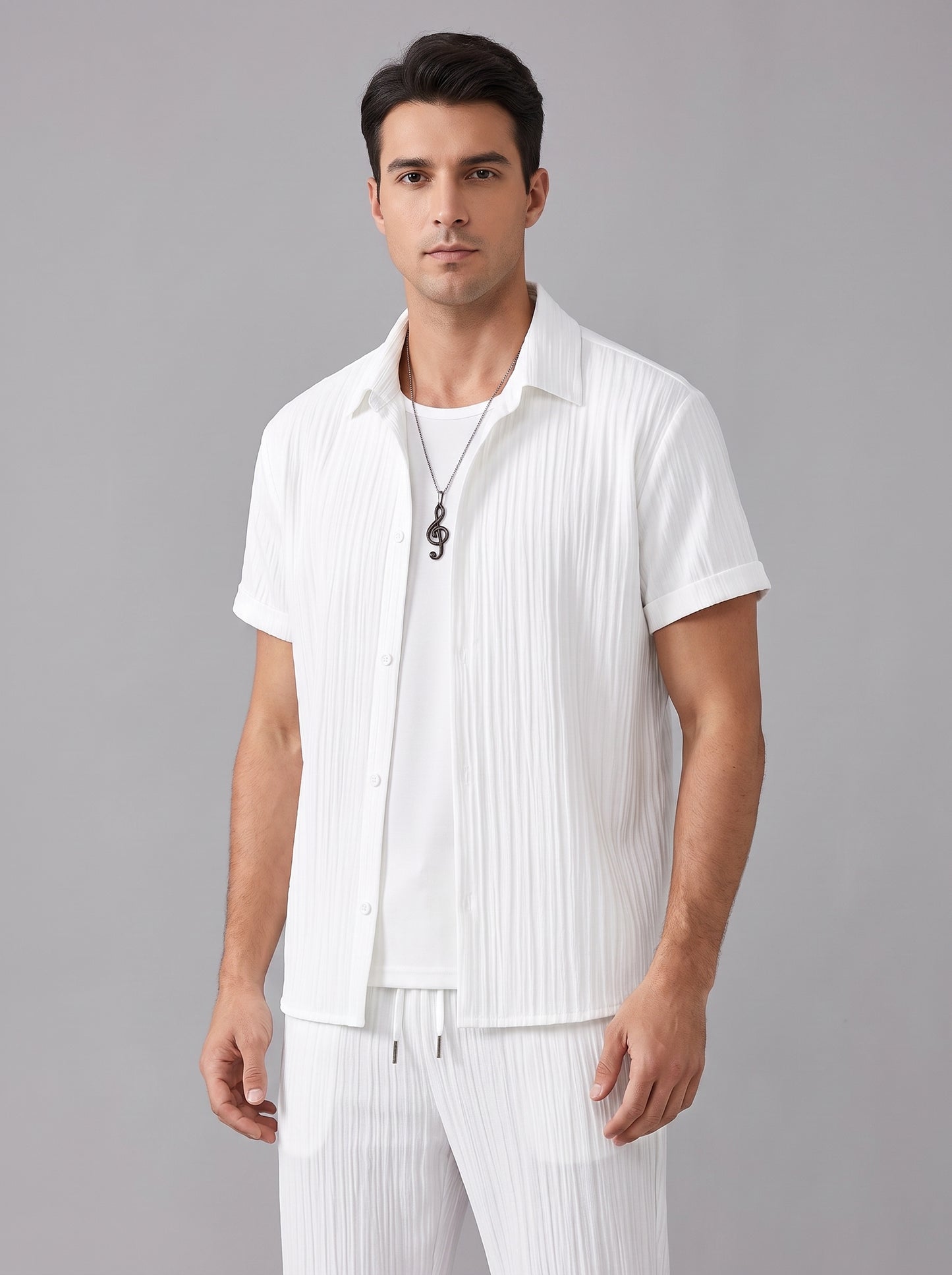 Men's Short Sleeve Shirt and Trousers Clothing Set with Drawstring Waist