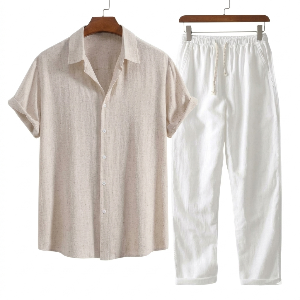 Men's Short Sleeve Shirt and Trousers Set with Camp Collar and Drawstring