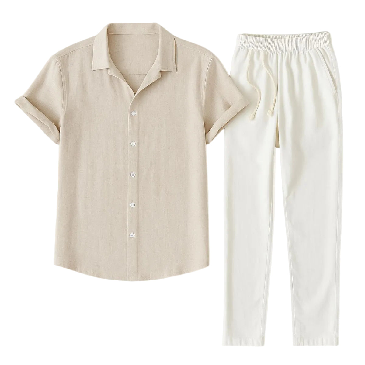 Men's Short Sleeve Shirt and Trousers Set with Camp Collar and Drawstring
