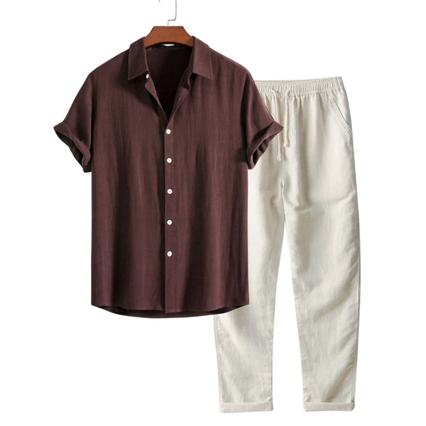 Men's Short Sleeve Shirt and Trousers Set with Camp Collar and Drawstring
