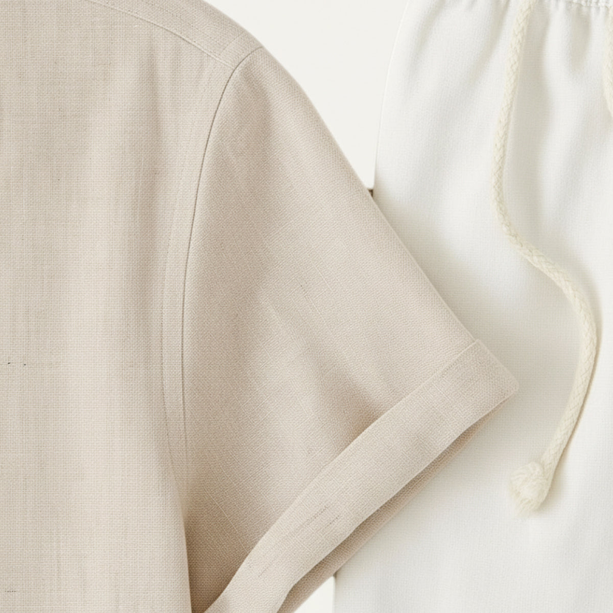 Men's Short Sleeve Shirt and Trousers Set with Camp Collar and Drawstring