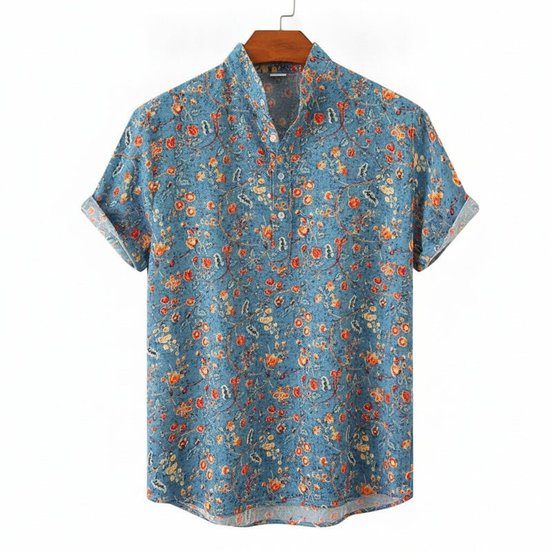Men's Short Sleeve Shirt with Floral Print and Stand Collar