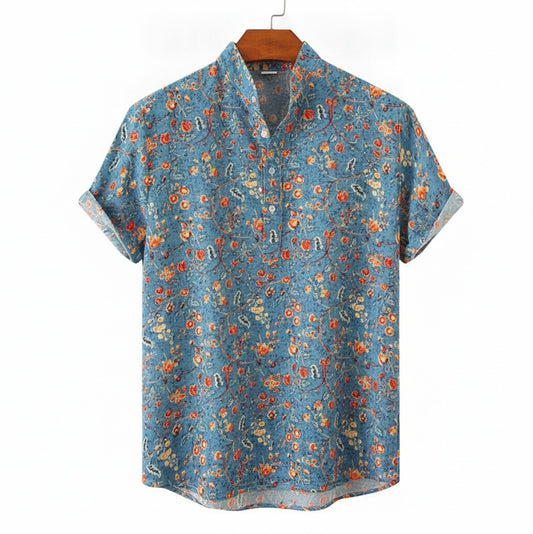 Men's Short Sleeve Shirt with Floral Print and Stand Collar