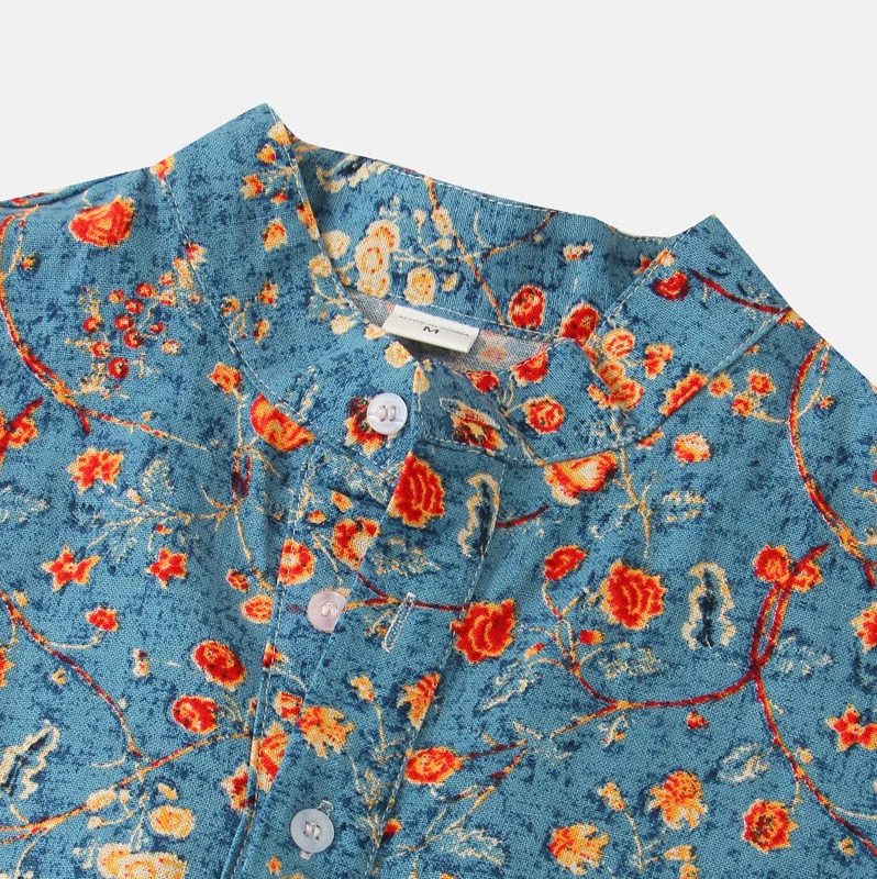 Men's Short Sleeve Shirt with Floral Print and Stand Collar