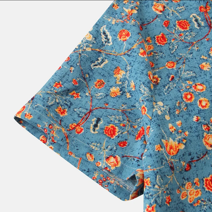 Men's Short Sleeve Shirt with Floral Print and Stand Collar
