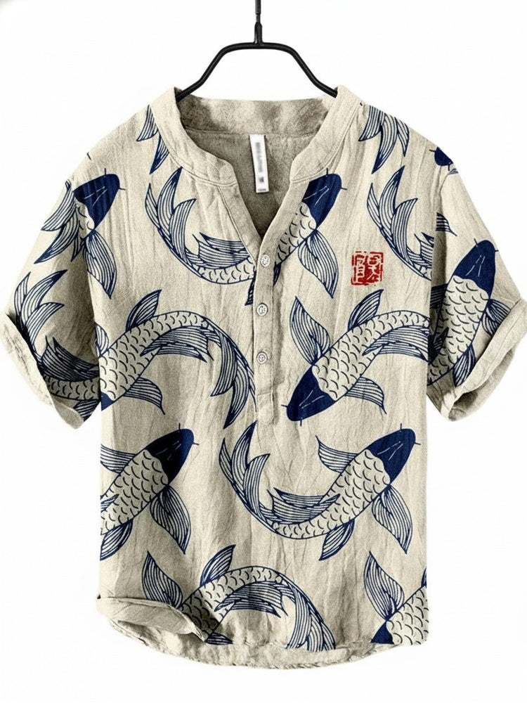 Men's Short Sleeve Shirt with Japanese Koi Fish Print and V-Neck