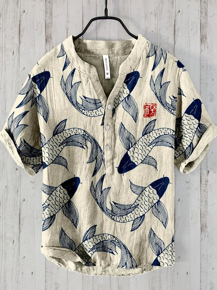 Men's Short Sleeve Shirt with Japanese Koi Fish Print and V-Neck