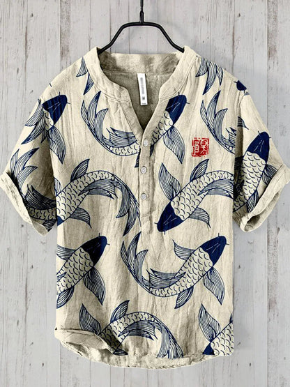 Men's Short Sleeve Shirt with Japanese Koi Fish Print and V-Neck