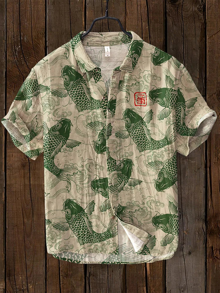 Men's Short Sleeve Shirt with Japanese Koi Fish Print and V-Neck