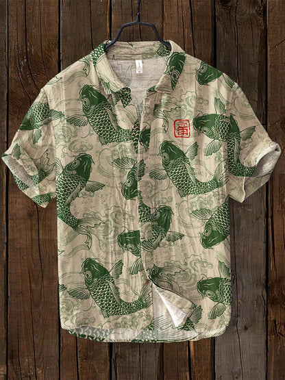 Men's Short Sleeve Shirt with Japanese Koi Fish Print and V-Neck
