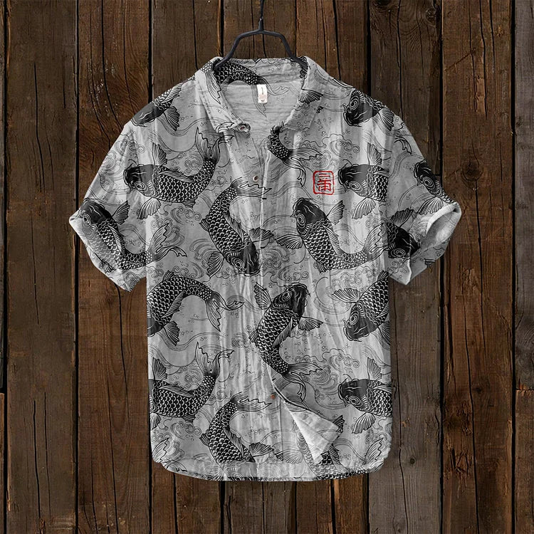 Men's Short Sleeve Shirt with Japanese Koi Fish Print and V-Neck