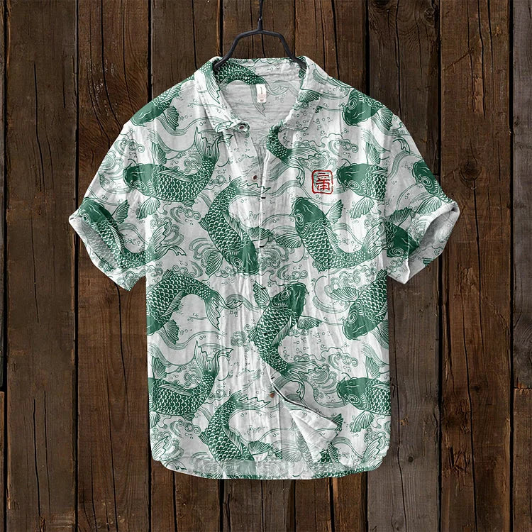 Men's Short Sleeve Shirt with Japanese Koi Fish Print and V-Neck