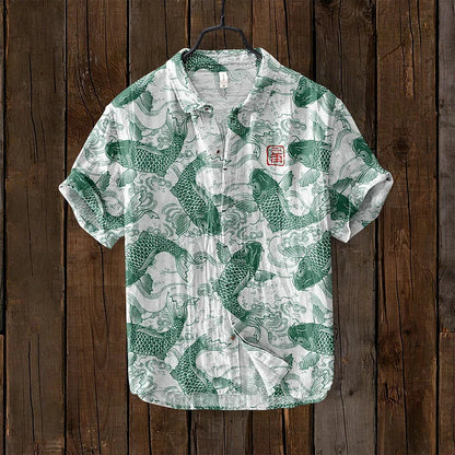 Men's Short Sleeve Shirt with Japanese Koi Fish Print and V-Neck