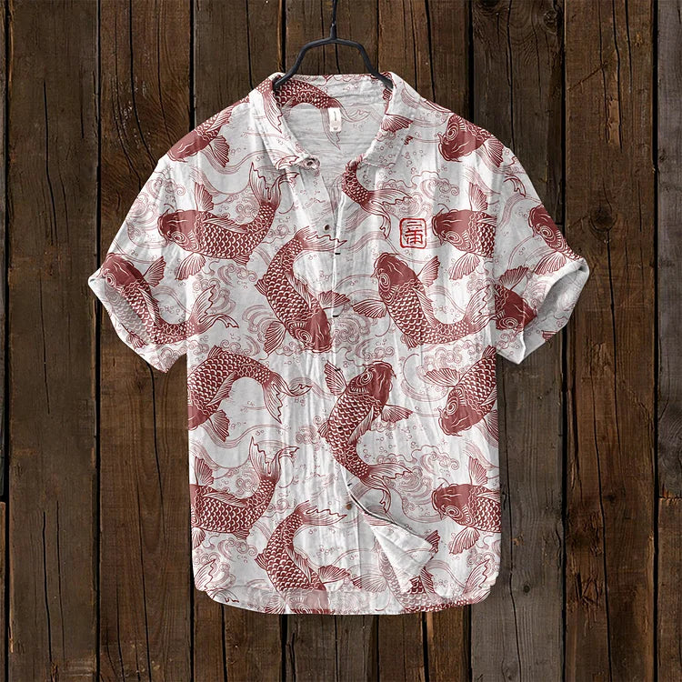 Men's Short Sleeve Shirt with Japanese Koi Fish Print and V-Neck