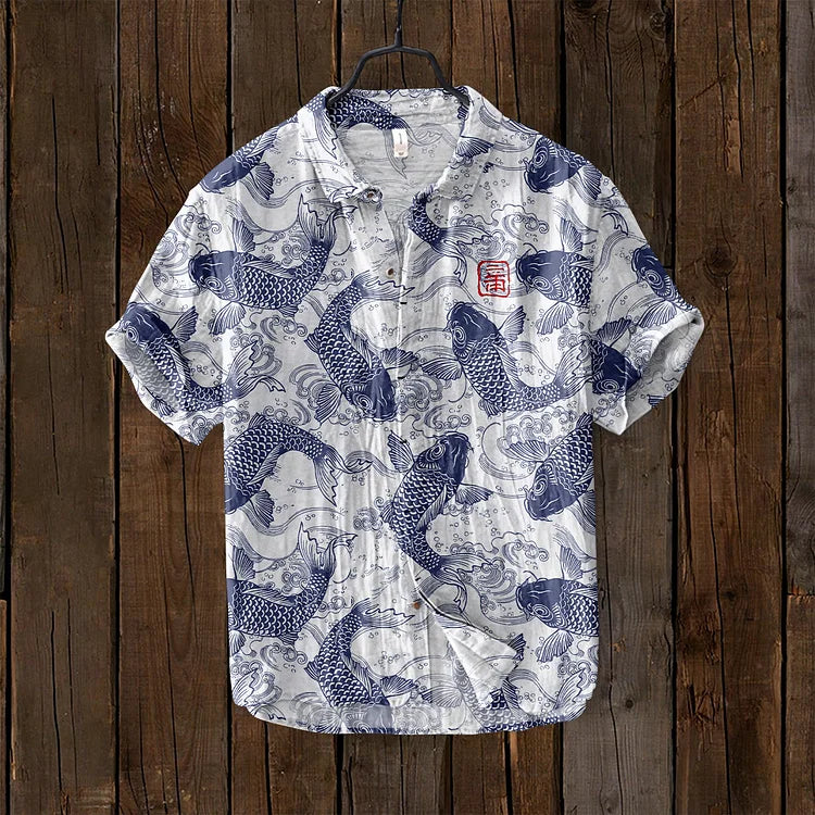 Men's Short Sleeve Shirt with Japanese Koi Fish Print and V-Neck