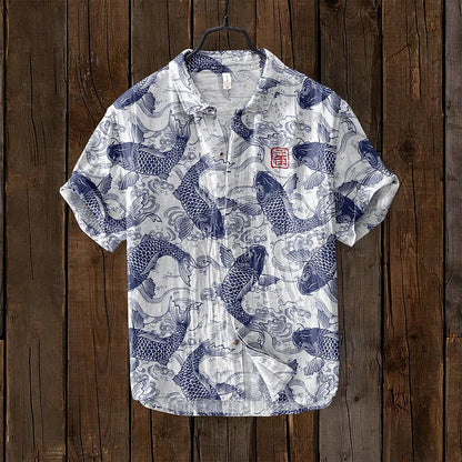 Men's Short Sleeve Shirt with Japanese Koi Fish Print and V-Neck