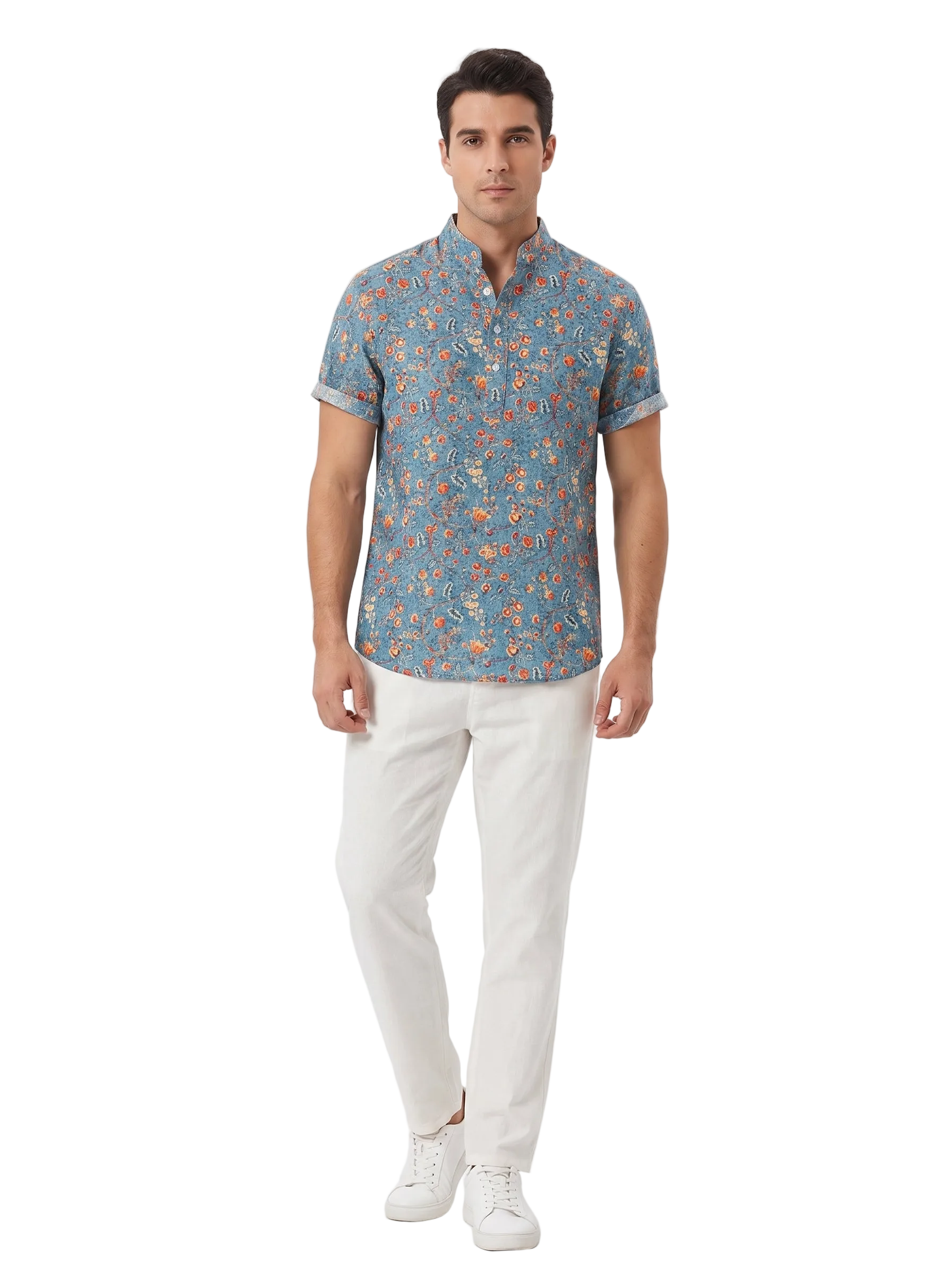 Men's Short Sleeve Shirt with Mandarin Collar and Floral Print