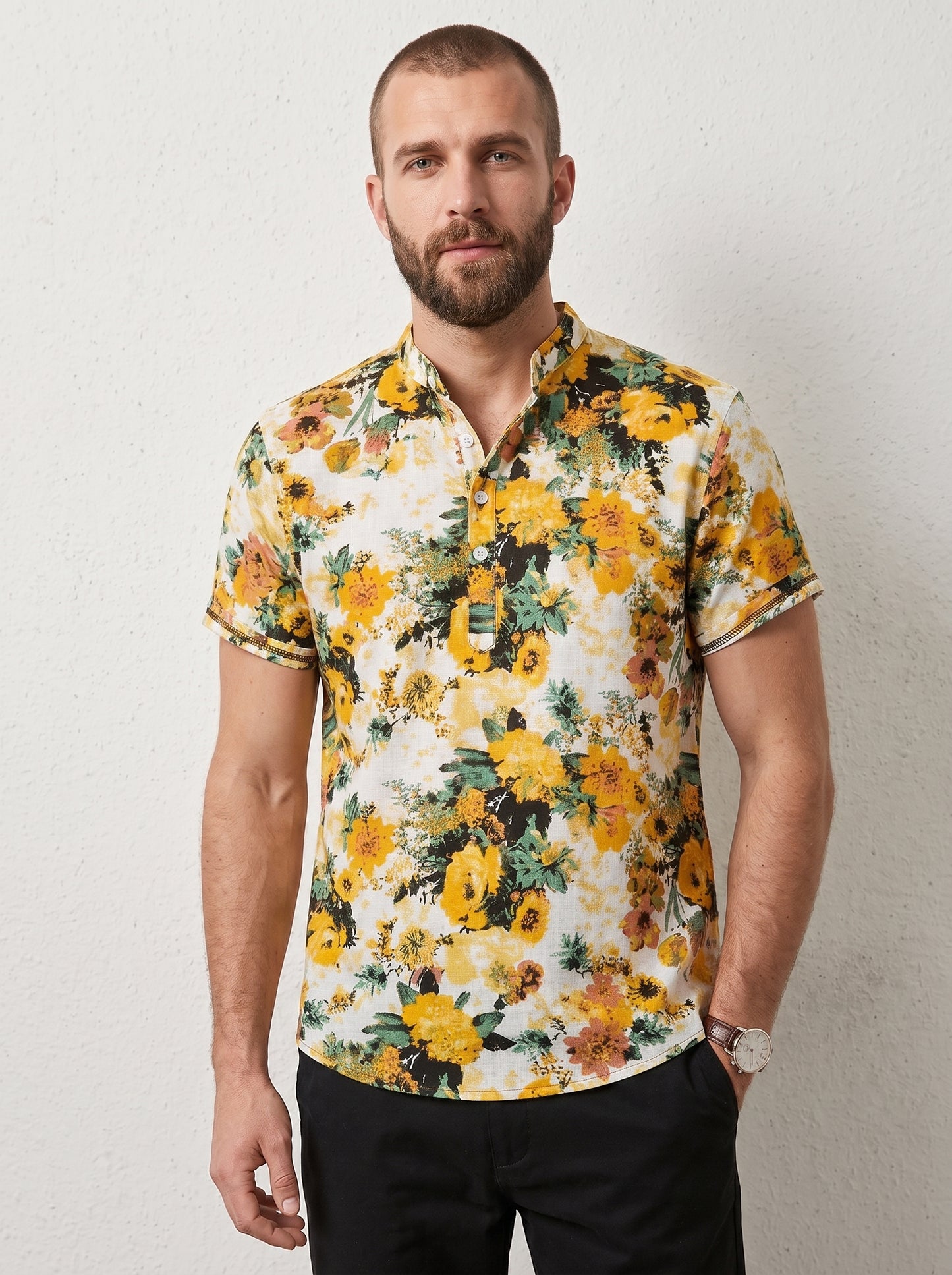 Men's Short Sleeve Shirt with Mandarin Collar and Floral Print