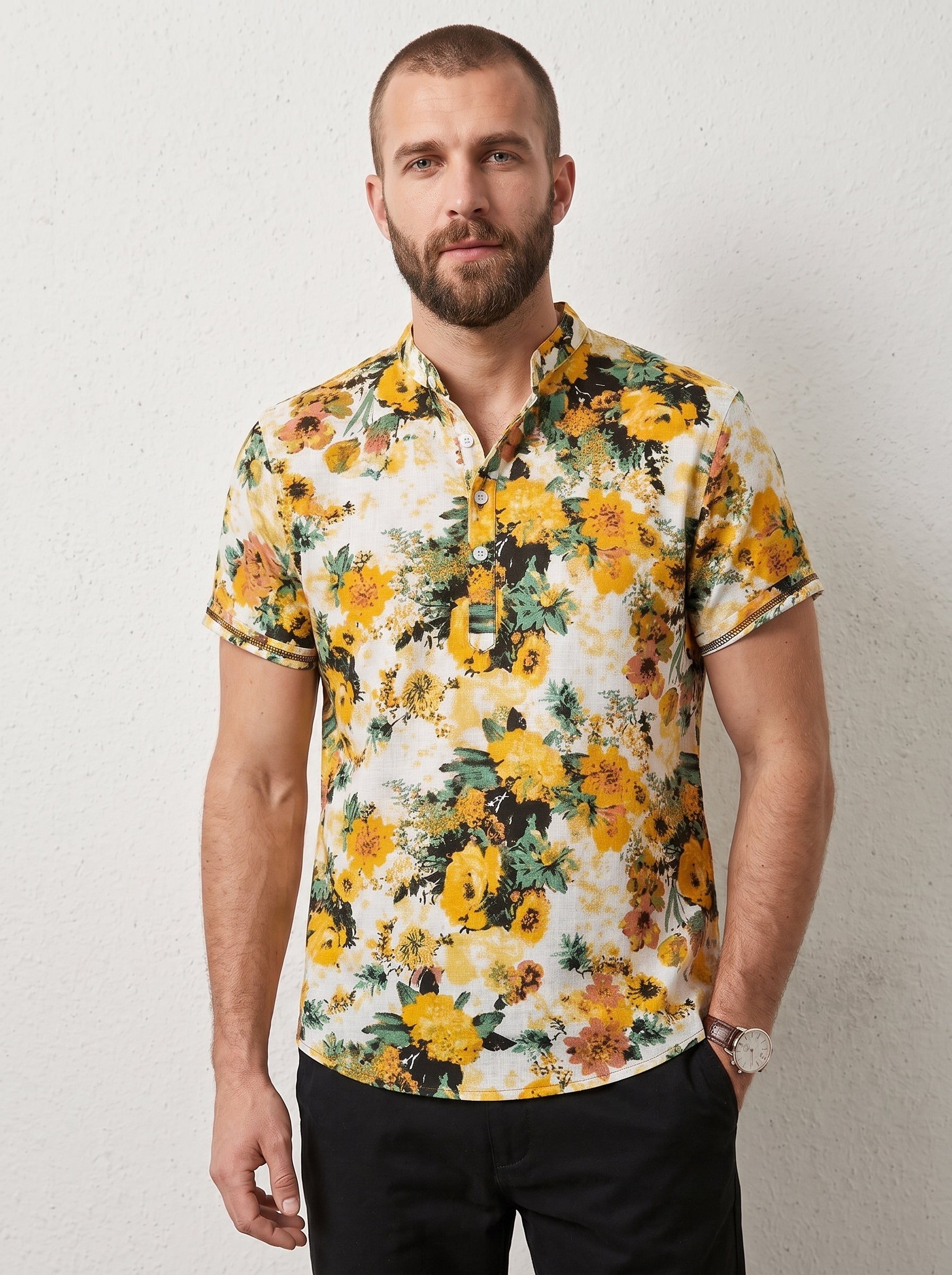 Men's Short Sleeve Shirt with Mandarin Collar and Floral Print