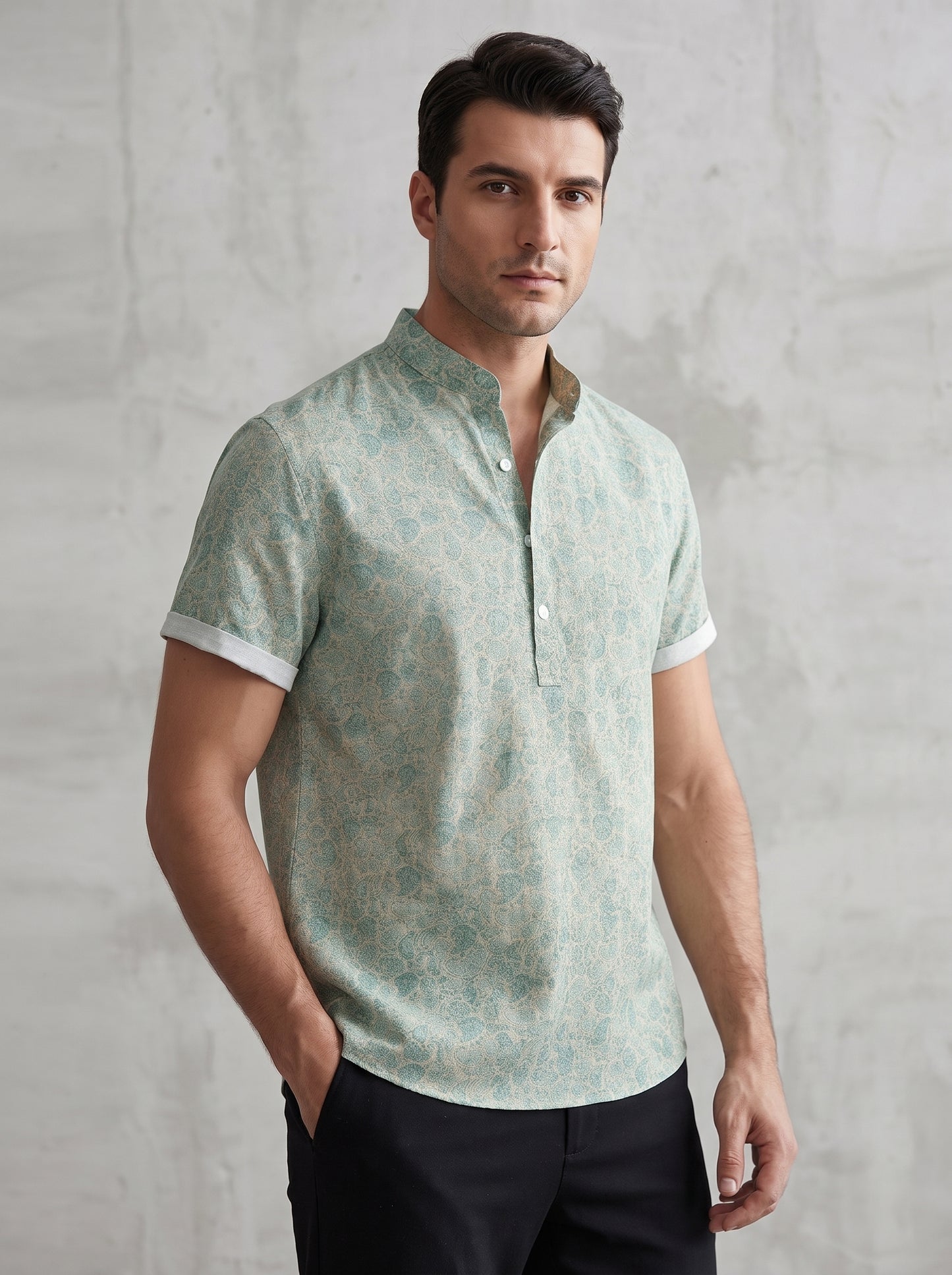 Men's Short Sleeve Shirt with Mandarin Collar and Floral Print