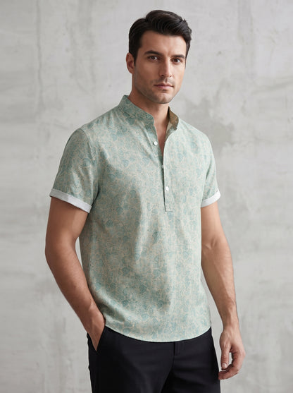 Men's Short Sleeve Shirt with Mandarin Collar and Floral Print