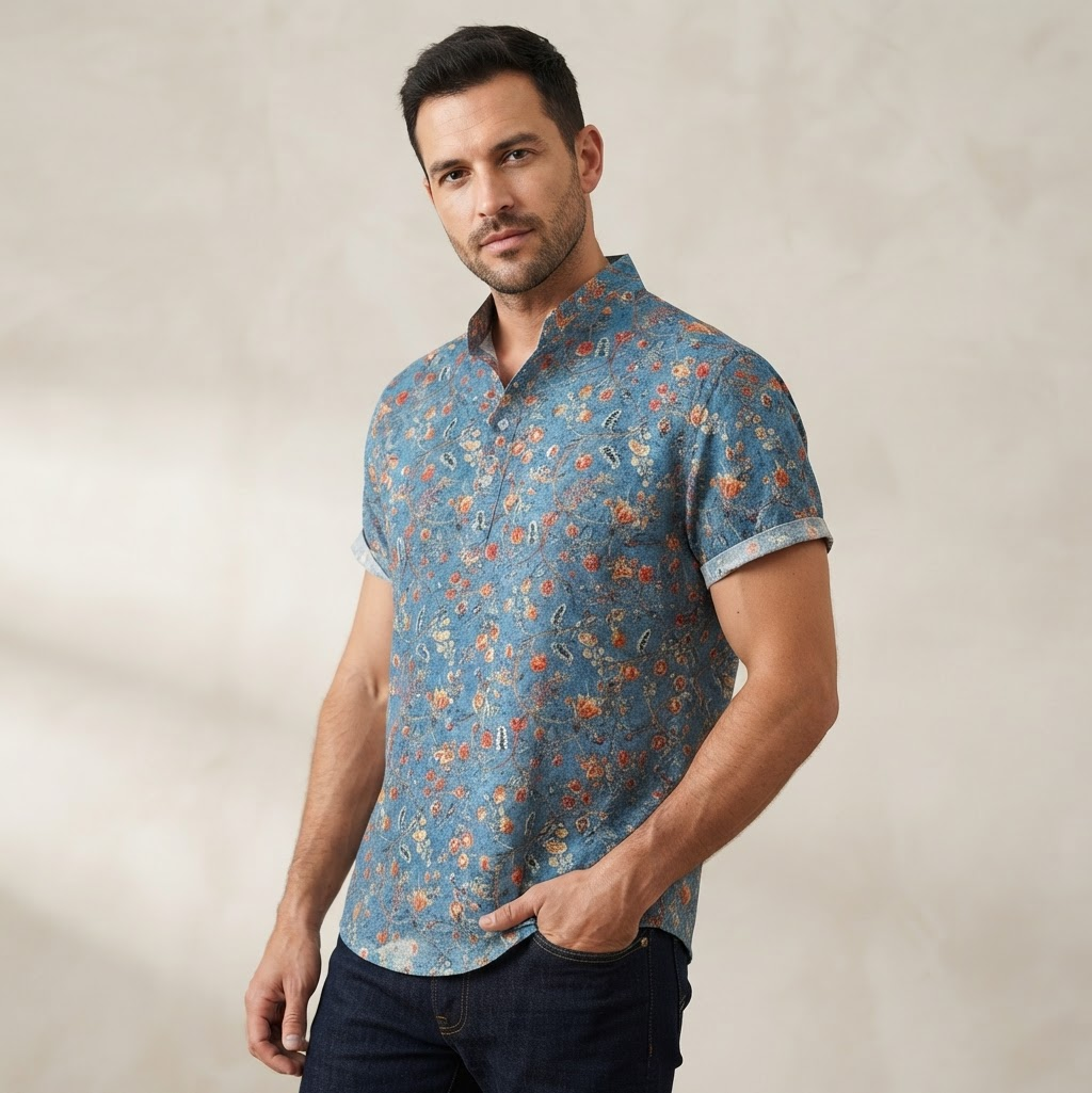 Men's Short Sleeve Shirt with Mandarin Collar and Floral Print
