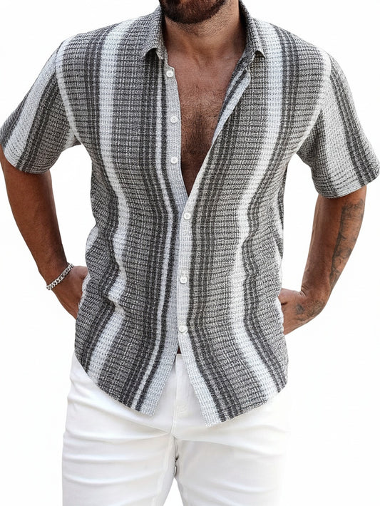 Men's Short Sleeve Striped Shirt with Button Front and Turn-Down Collar