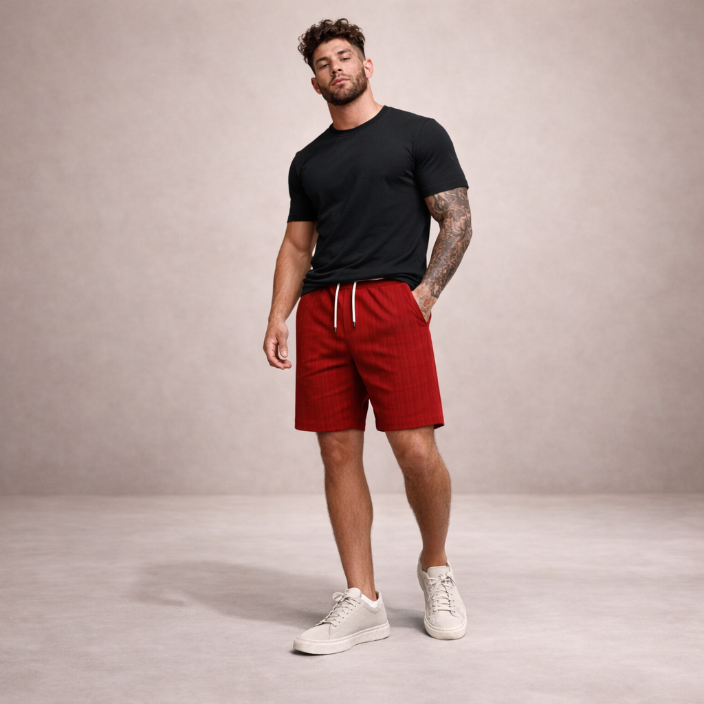 Men's Casual Shorts with Pinstripe Pattern and Drawstring Waist