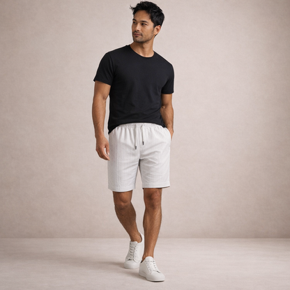 Men's Casual Shorts with Pinstripe Pattern and Drawstring Waist