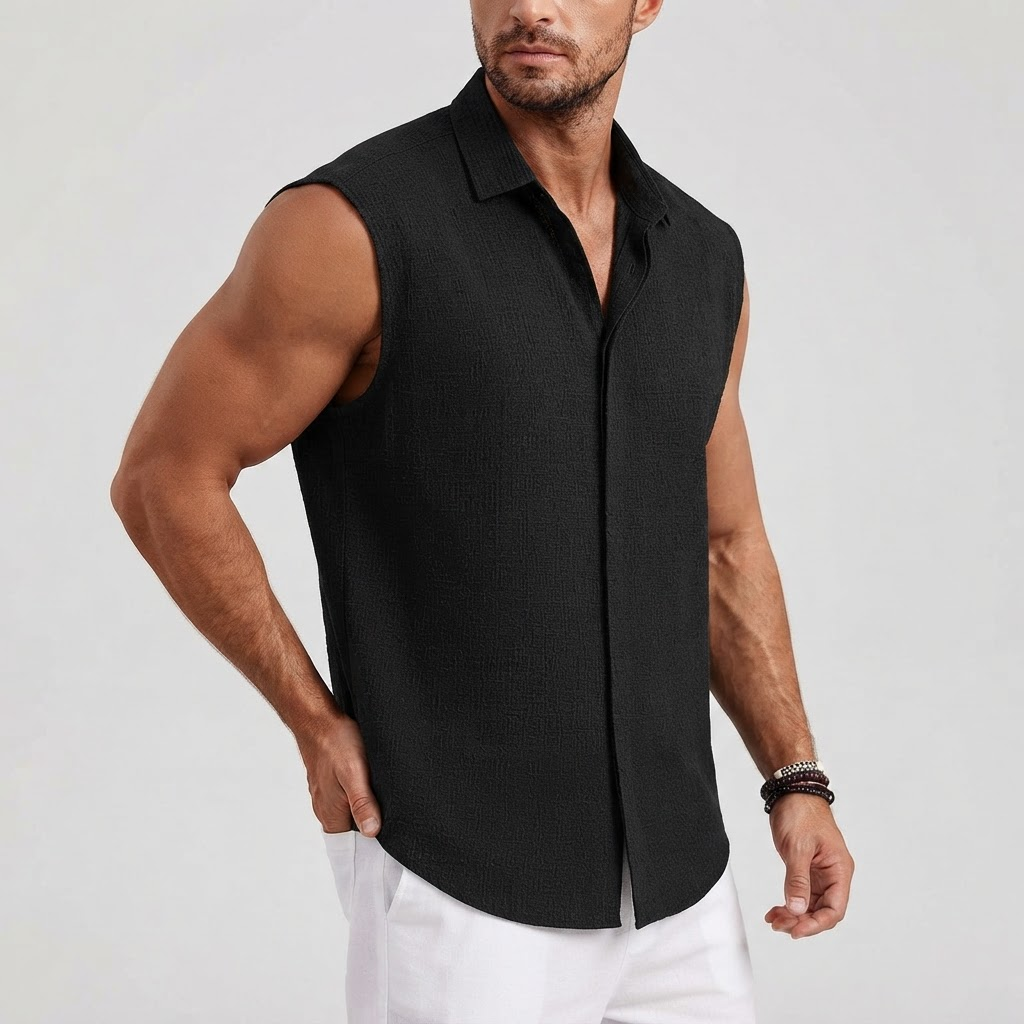 Men's Sleeveless Button-Up Shirt with Classic Collar