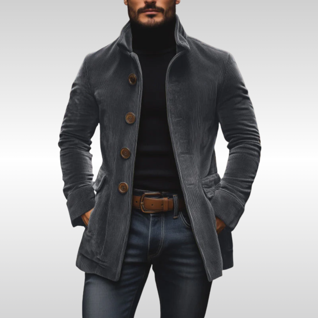 Men's Slim Corduroy Coat with Stand Collar and Button Front
