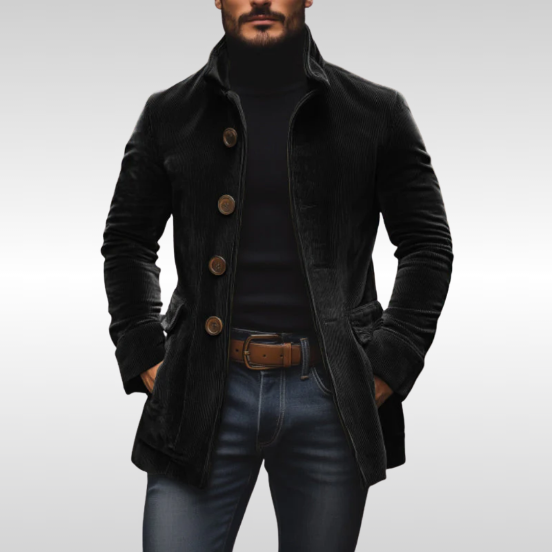 Men's Slim Corduroy Coat with Stand Collar and Button Front
