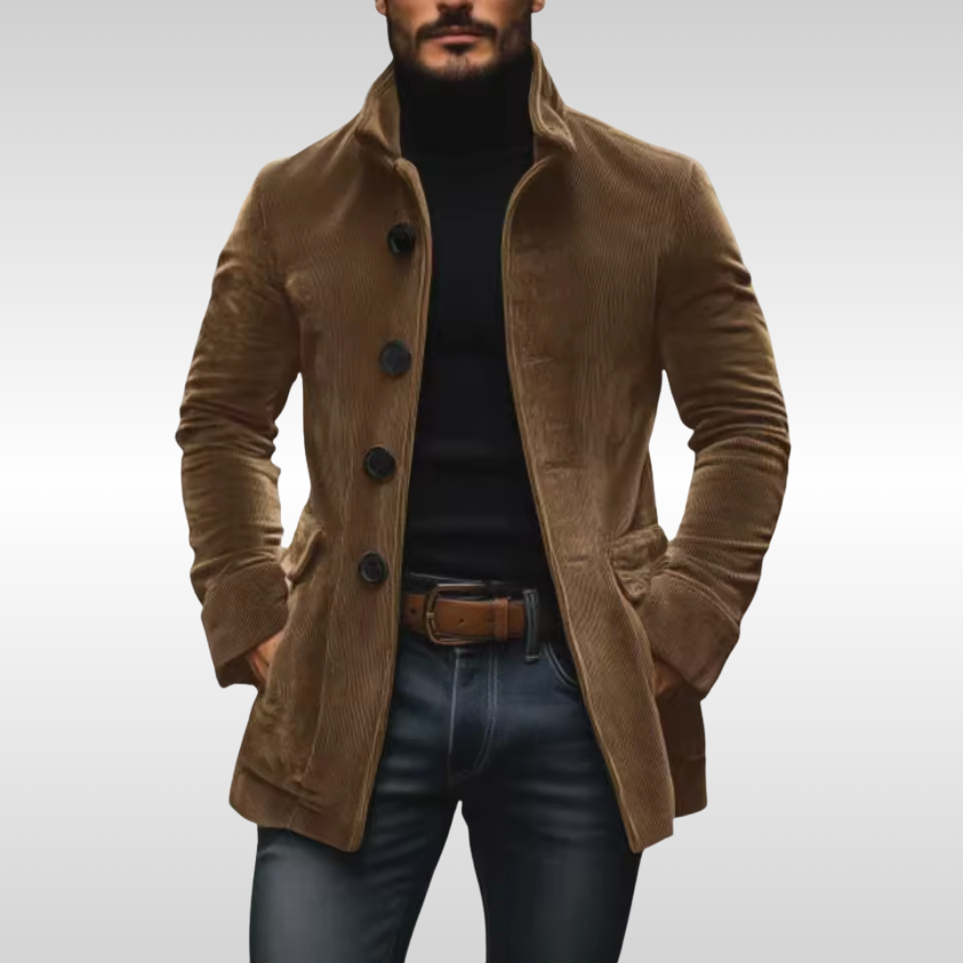 Men's Slim Corduroy Coat with Stand Collar and Button Front
