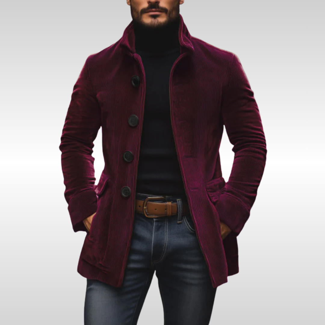 Men's Slim Corduroy Coat with Stand Collar and Button Front