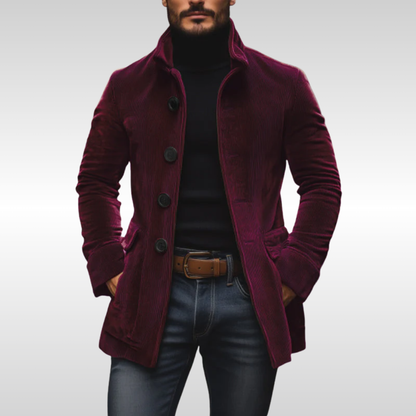 Men's Slim Corduroy Coat with Stand Collar and Button Front