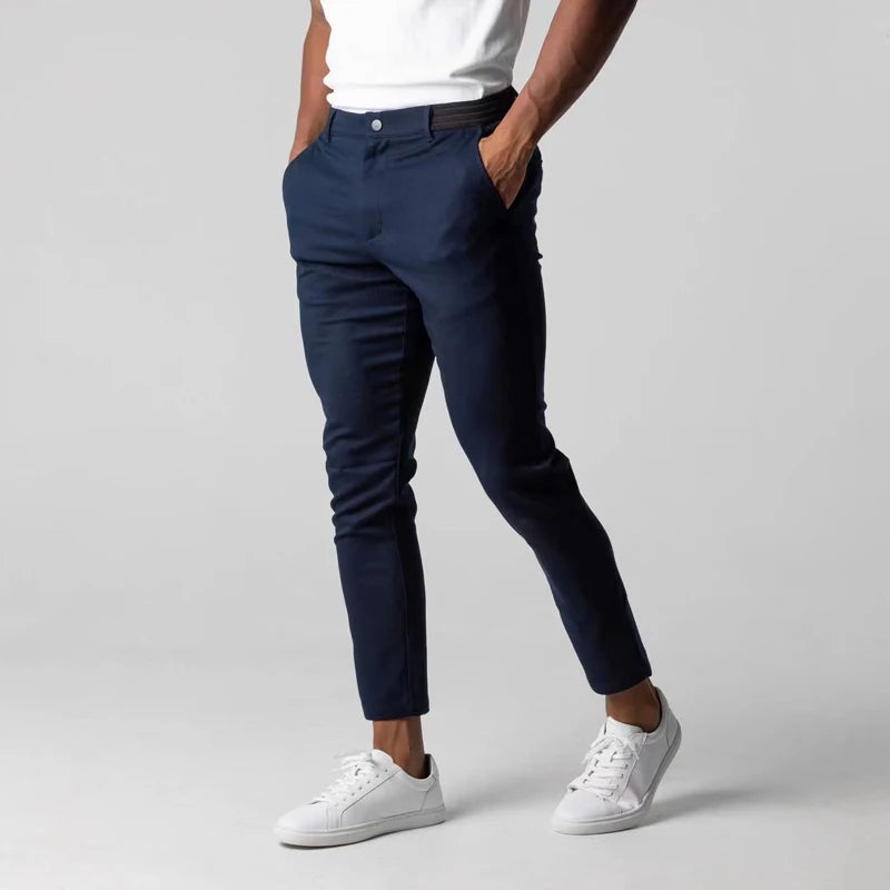 Men's Slim Fit Chino Trousers with Button Waist and Tapered Leg