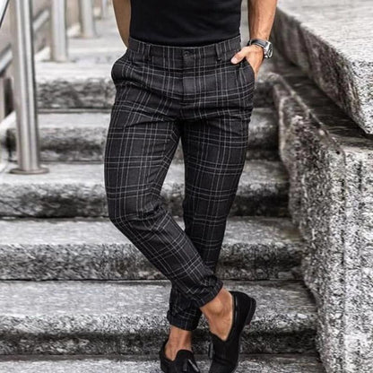 Men's Slim Fit Dress Pants with Plaid Pattern