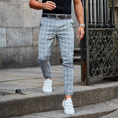 Men's Slim Fit Dress Pants with Plaid Pattern