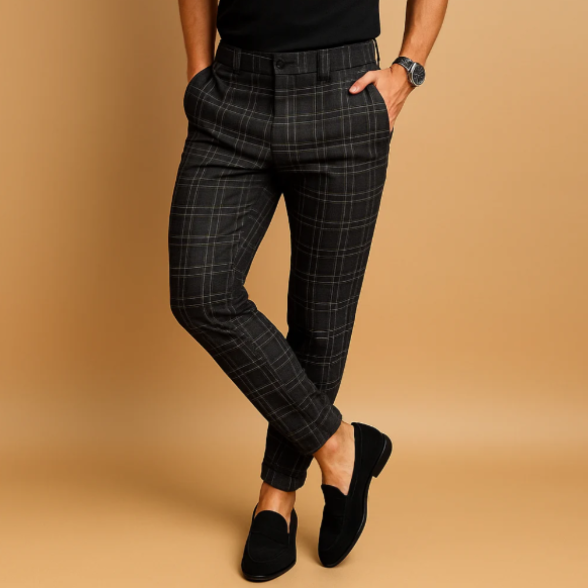 Men's Slim Fit Dress Pants with Windowpane Check Pattern