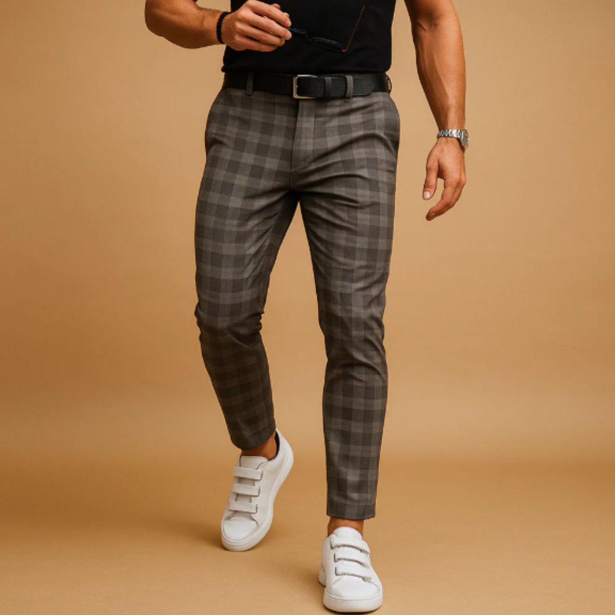 Men's Slim Fit Dress Pants with Windowpane Check Pattern