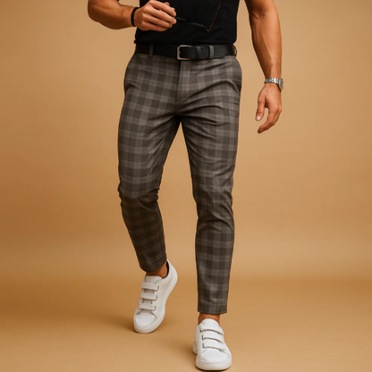Men's Slim Fit Dress Pants with Windowpane Check Pattern